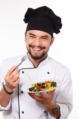 cook man happy with salad