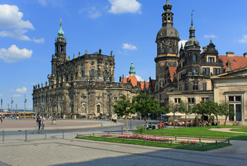 Obraz premium DRESDEN, GERMANY, JUNE 12: Cathedral of the Holy Trinity (left) and Dresden Castle (right) on June 12 2013, Dresden, Germany