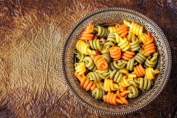 Colorful Pasta in a Vintage Metal Bowl