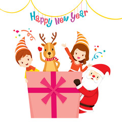 Obraz na płótnie Canvas Santa, Reindeer, Girl And Boy With Gift Box, Happy New Year, Merry Christmas, Xmas, Objects, Festive, Celebrations