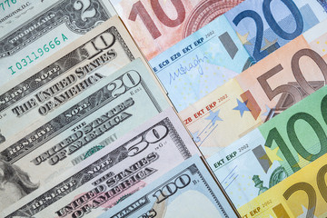 Many euro and dollar banknote