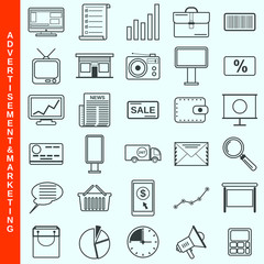 Thin line marketing, advertisement, promotion vector icons set