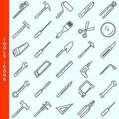 Thin line tools and construction equipment vector icons set