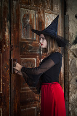 Witch opening the door of the haunted house