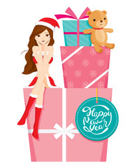 Sexy Woman In Santa Costume Sitting On Big Gift Box, Happy New Year, Merry Christmas, Xmas, Objects, Festive, Celebrations