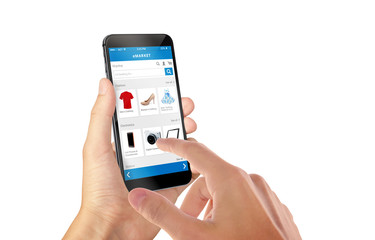 Smart phone online shopping in man hand isolated. Buy clothes shoes accessories with e commerce web site