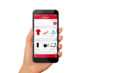 Smart phone online shopping in woman hand isolated. Buy clothes shoes accessories with e commerce...