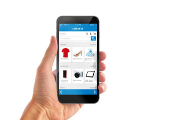 Smart phone online shopping in man hand isolated. Buy clothes shoes accessories with e commerce web site