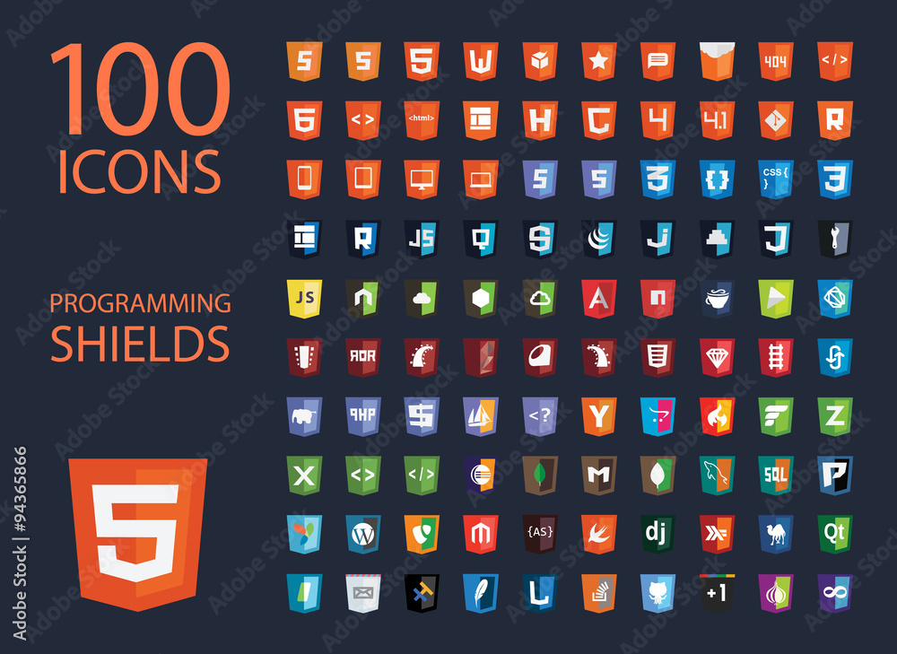 Poster vector collection of web development shield signs, one hundred isolated icons html5 style programmin