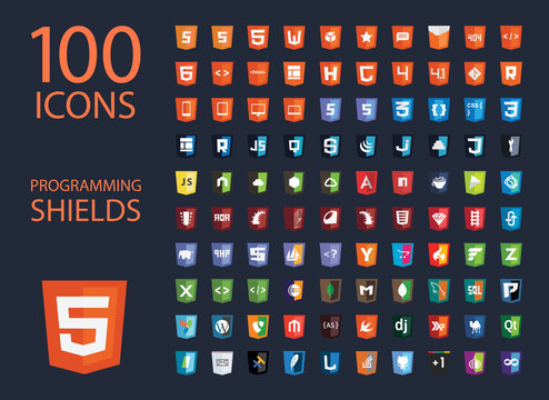 Vector Collection Of Web Development Shield Signs, One Hundred Isolated Icons Html5 Style Programming Technology