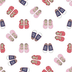 Kids seamless pattern with colored shoes on white background