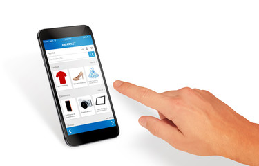 Smart phone online shopping in man hand isolated. Buy clothes shoes accessories with e commerce web site