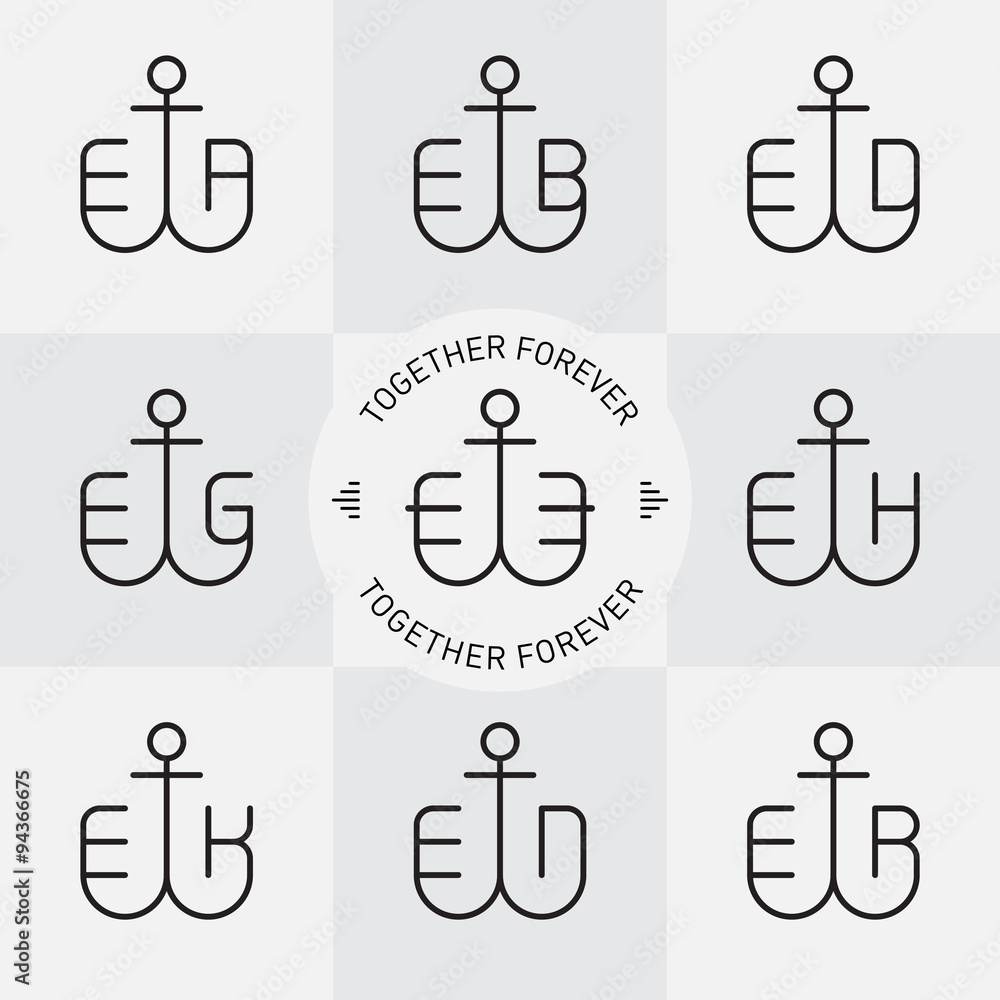 Poster monograms or logotype with anchor and letters. vector line icons