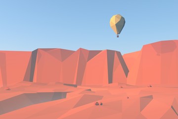 Fototapeta na wymiar 3d low poly landscape background with balloon flying over canyon and red rocks desert