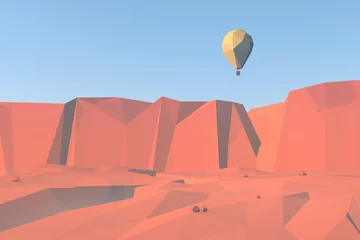 Aluminium Prints Coral 3d low poly landscape background with balloon flying over canyon and red rocks desert