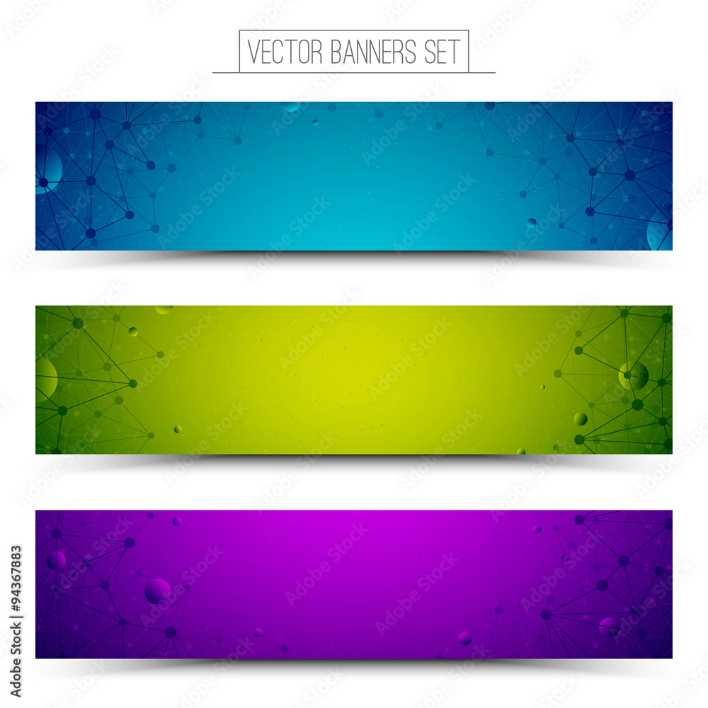 Poster set of technology vector colorful web banners. internet advertising business. connection structure. 