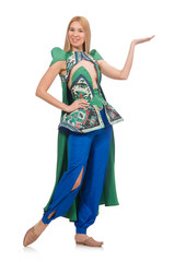 Fototapeta premium Woman in oriental green clothing isolated on white