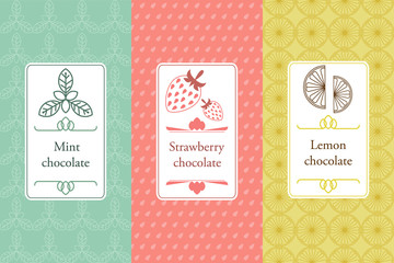Vector set of seamless pattern and labels for chocolate 