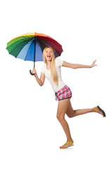 Young woman with umbrella isolated on white