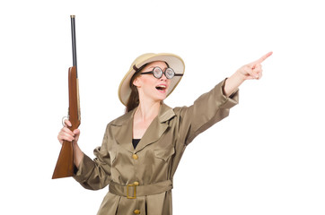 Woman wearing safari hat on white
