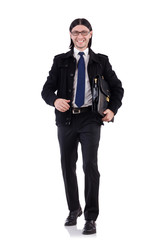 Young businessman holding briefcase isolated on white