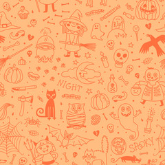 Halloween seamless pattern. Pumpkin, Ghosts, Cats, Skulls, Bats and other symbols