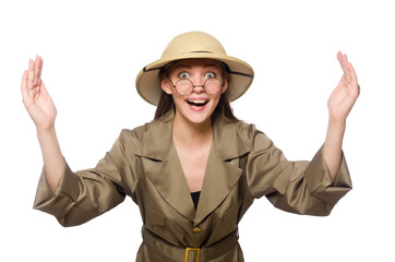 Woman wearing safari hat on white