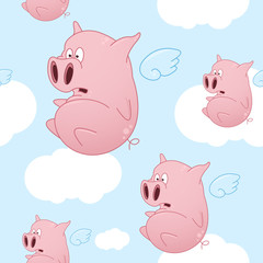 Flying Cartoon Pigs Seamless Pattern
