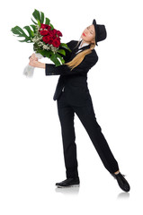 Woman with bunch of roses isolated on white