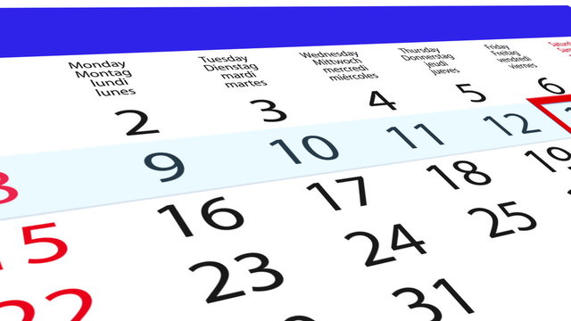 Date pointer moves over clean calendar with blue header, close-up