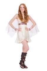 Pretty lady in light charming dress isolated on white