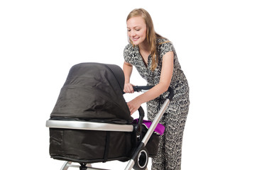 Happy mom with her baby in pram