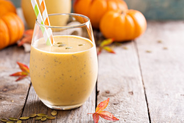 Healthy pumpkin smoothie with chia seed in glasses