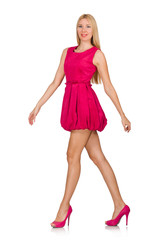 Young woman in pink dress isolated on white