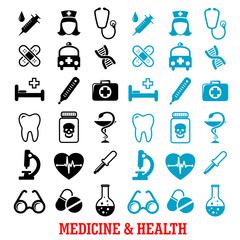 Black and blue flat medical icons set