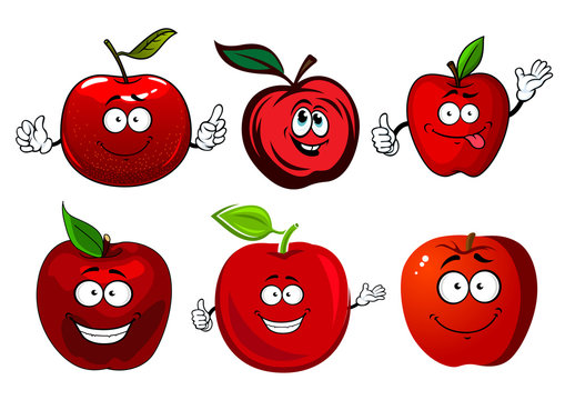 Cartoon sweet red apple fruit characters