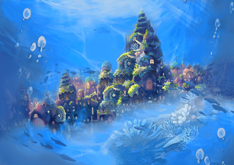 Illustration: Sea City. Realistic Cartoon Style. Fantastic Sci-Fi Scene / Wallpaper / Background Design.
