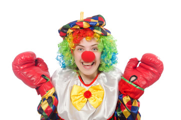 Clown with boxing gloves isolated on white