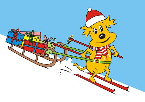Dog and sled .A dog with a cap of Santa Claus riding on skis and carrying presents on a sleigh.