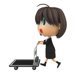 青ざめながら台車を運ぶ女性スタッフ