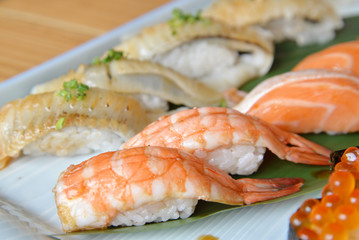 Shrimp sushi (Ebi sushi) in sushi set, Japanese food.
