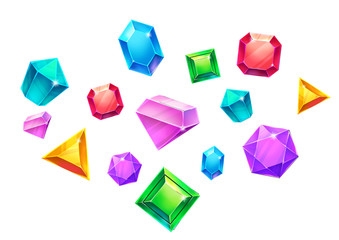 Illustration: Colorful Falling Gems. Realistic Cartoon Style. Fantasy Scene / Wallpaper / Background Design.
