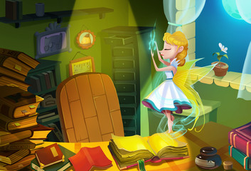 Illustration: Every night when no one's around, the Fairy will fly out of the magic book and plays in the studying room! Realistic Cartoon Style. Fantasy Scene / Wallpaper / Background Design.
