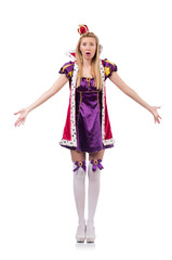 Cute girl in purple masquerade dress and crown isolated on white