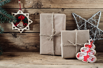 Christmas gift handmade with Christmas toys closeup