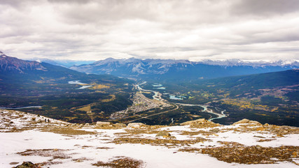 View of the town of Jasper from the top of the Whistlers Mountain in Jasper National Park in the Canadian Rockies