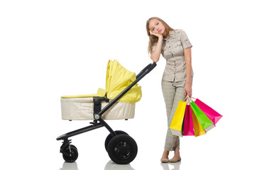 Woman with pram isolated on white