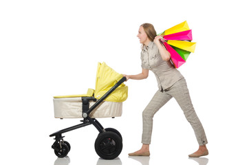 Woman with pram isolated on white