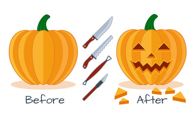 Pumpkin vector halloween icon, sculpture tools, scheme before and after,