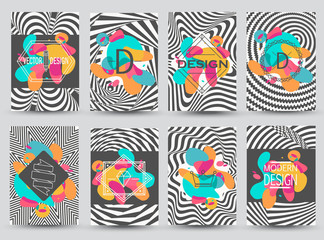 Fototapeta premium Set of monochrome flyer pages with abstract colored elements. Creative Signs, Logos, Identity Elements, Labels, Badges, Frames, backgrounds.